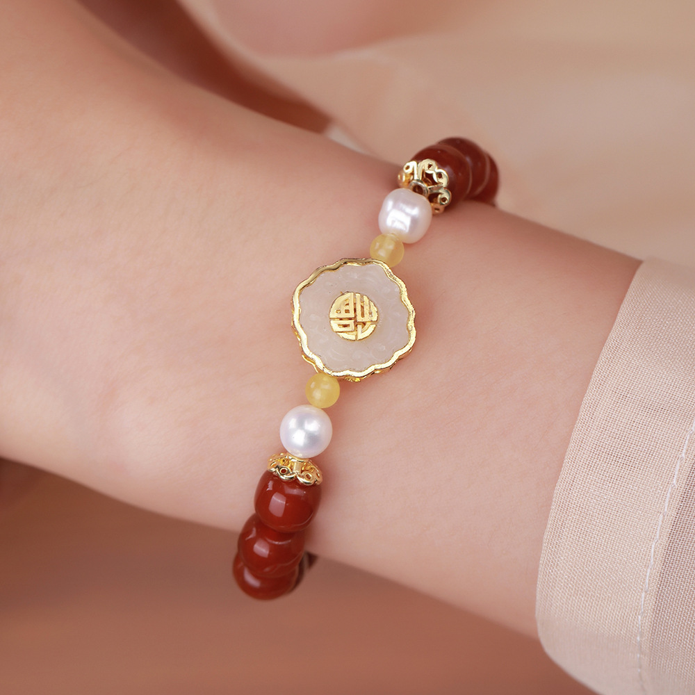 天然石南红桶珠串珠手串白玉福字珍珠琥珀手链女原创直播热款