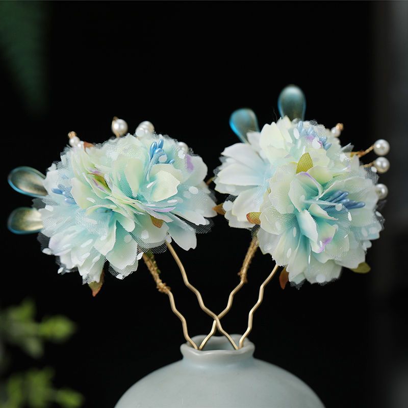 古风头饰蓝色绢花发饰套装古典花朵流苏发夹簪子古典旗袍配饰汉服