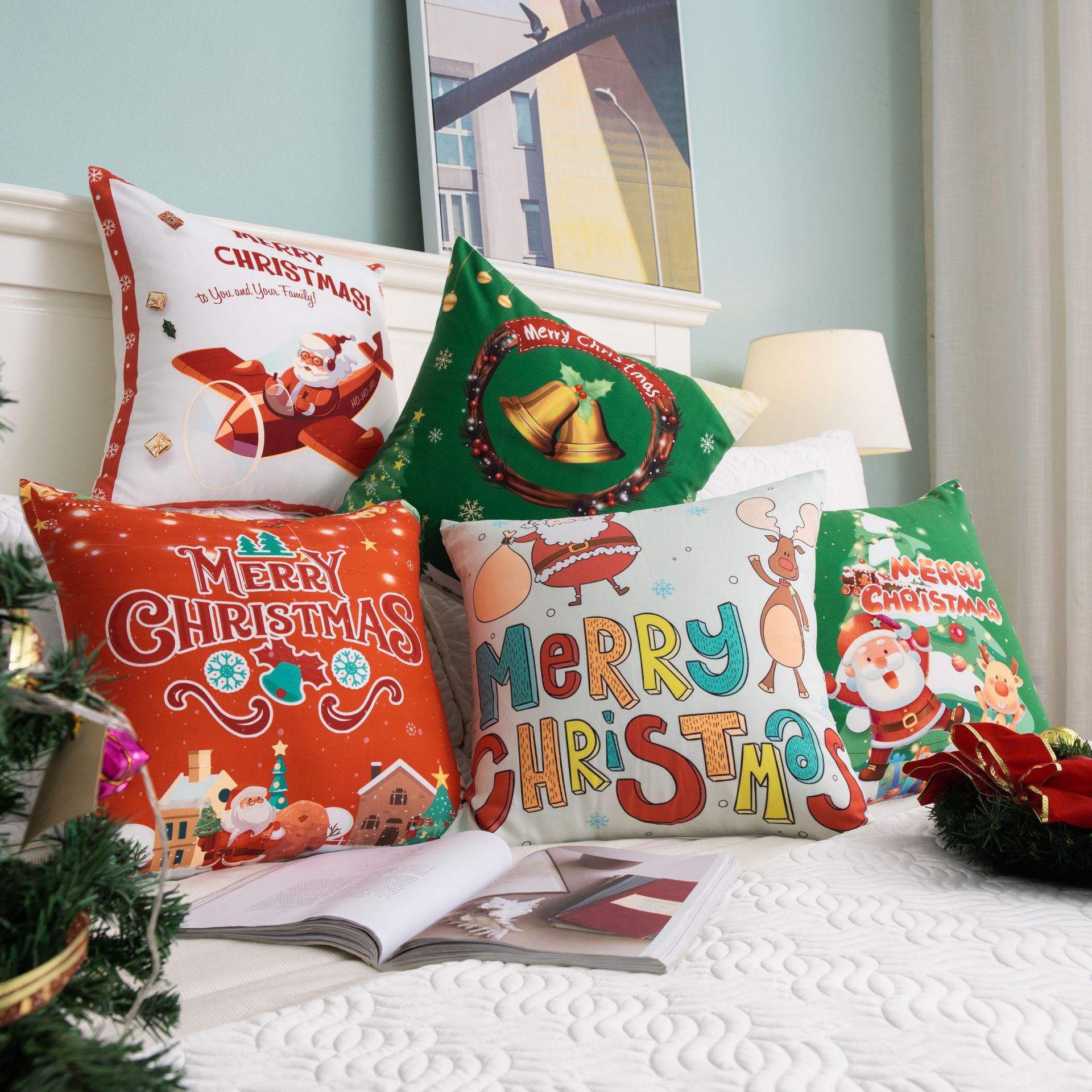 跨境热销圣诞节版抱枕套居家亲肤舒适靠垫沙发垫数码印花厂家直销