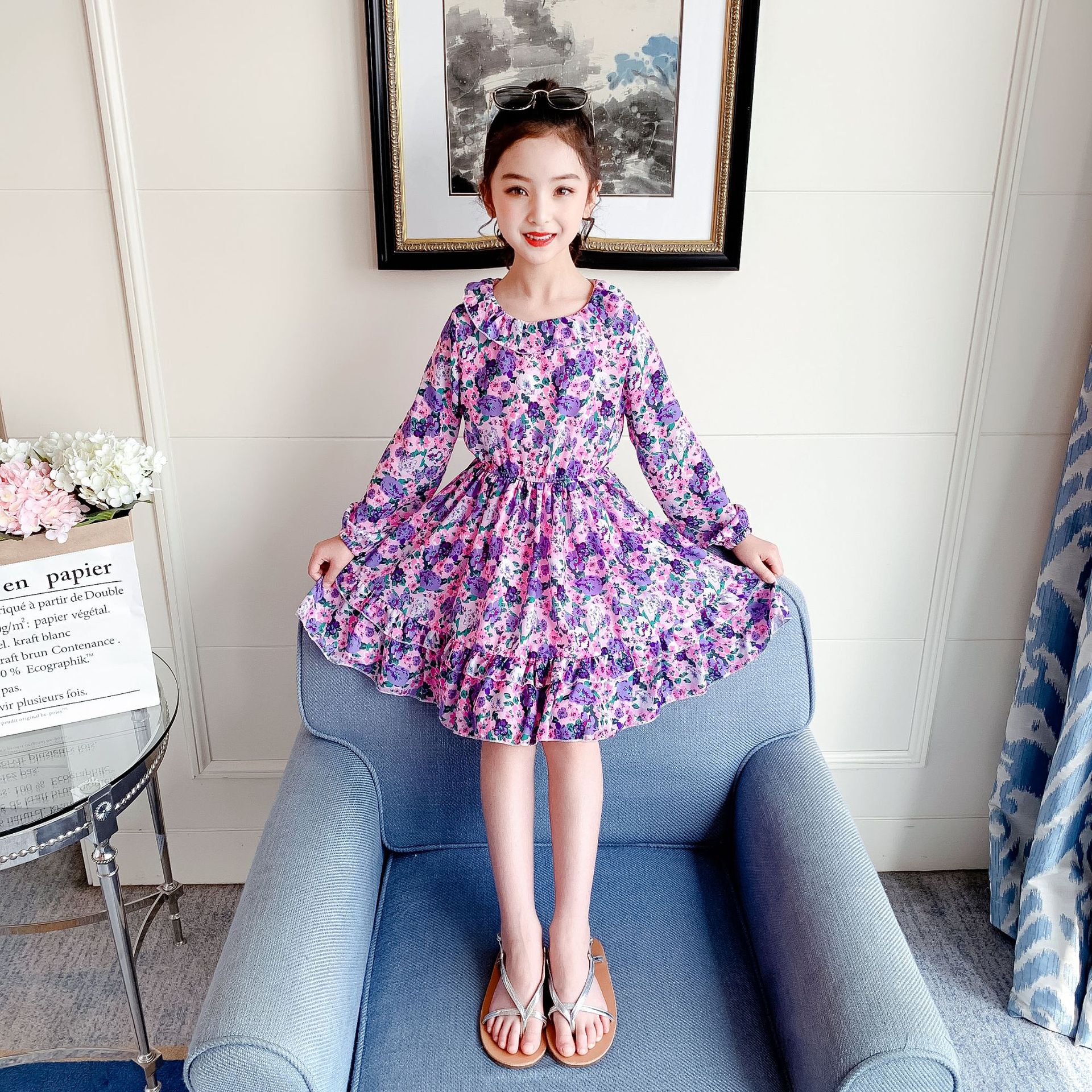 2022夏装新款外贸女童连衣裙小女孩碎花印花儿童韩国公主裙长袖裙