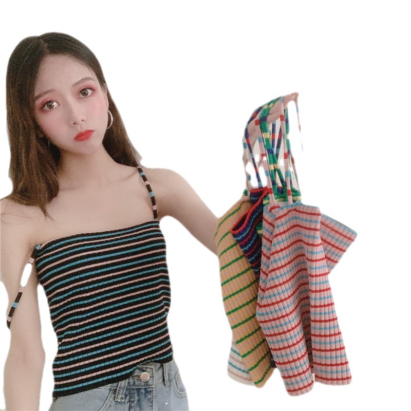 2023 Summer Elegant New Striped Knitted Small Tank Top Vest Women's Short Bottoming Underwear T-shirt Tops Outerwear