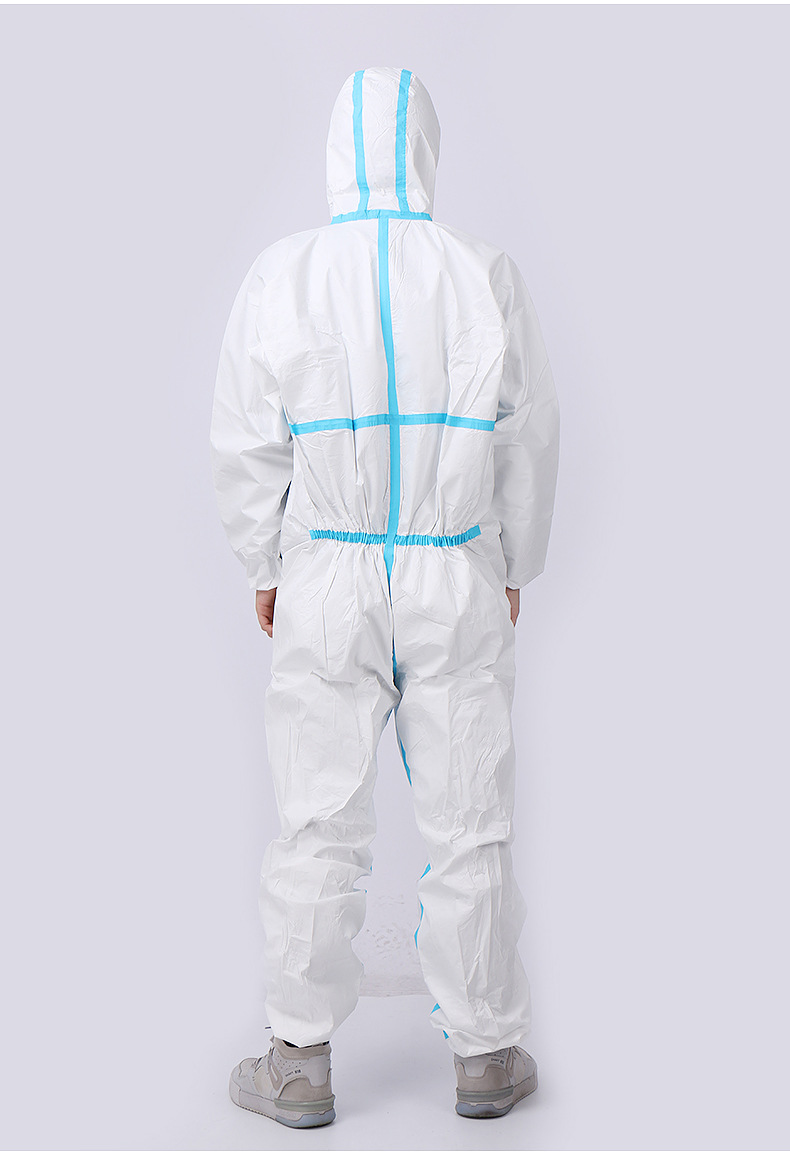 蓝条防护服连体带帽无纺布工作服养殖场防水sf透气膜一次性隔离衣