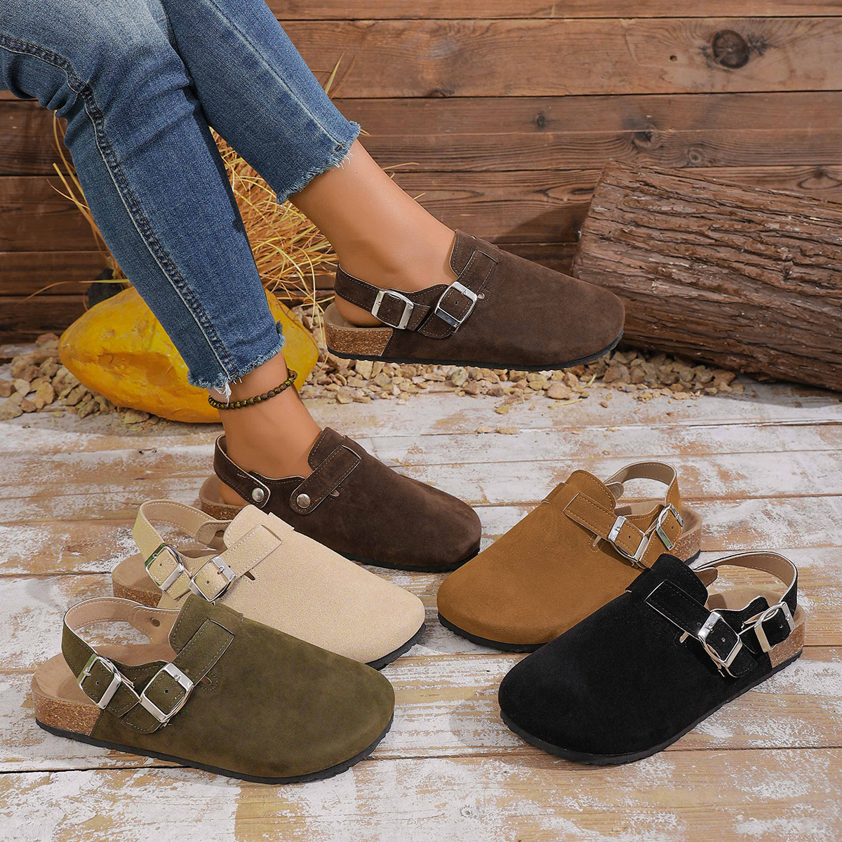 大码女士软木底拖鞋跨境外贸包头半拖勃肯鞋软底罗马鞋36-48批发