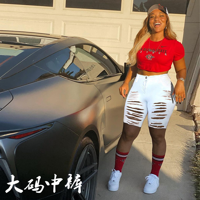 欧美跨境货源休闲大码牛仔裤女外贸出口黑白色肥仔妈咪大破洞中裤