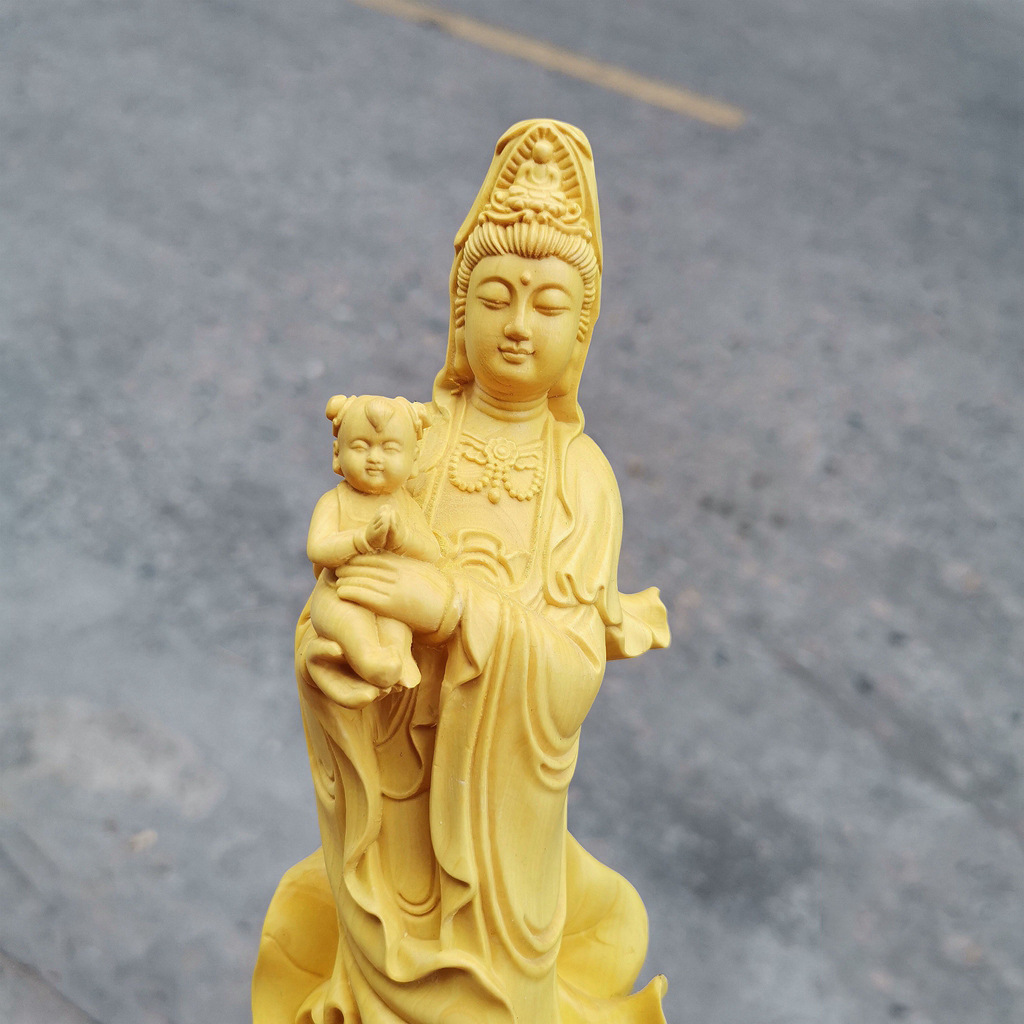 黄杨木雕送子观音佛像摆件 实木雕刻家居客厅供奉求子观音工艺品