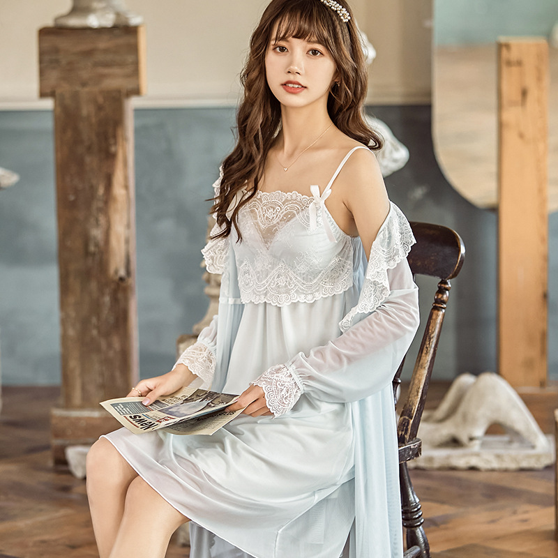 日韩吊带睡裙女薄款蕾丝公主宫廷法式睡裙家居服两件套配带胸垫