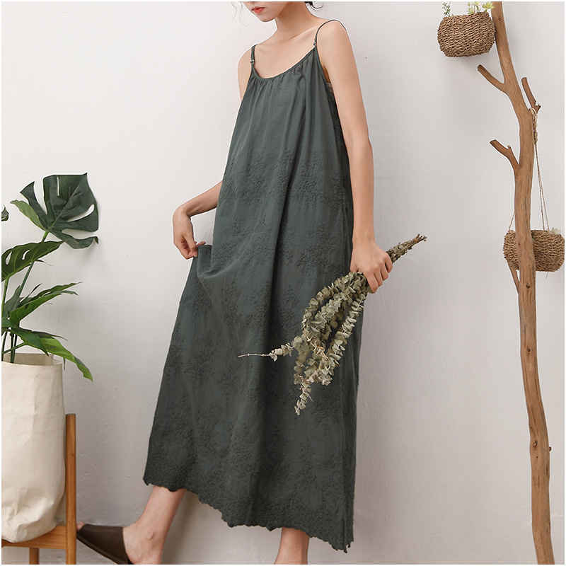 spring and summer new japanese mori girl fresh sweet solid color dress embroidered loose waist strap bottoming cotton linen dress