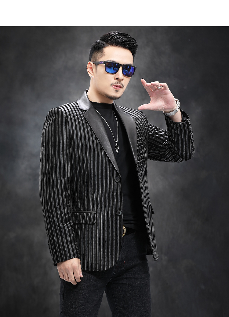 真皮皮衣男士短款秋季2021新款韩版修身西服绵羊皮条纹皮西装外套