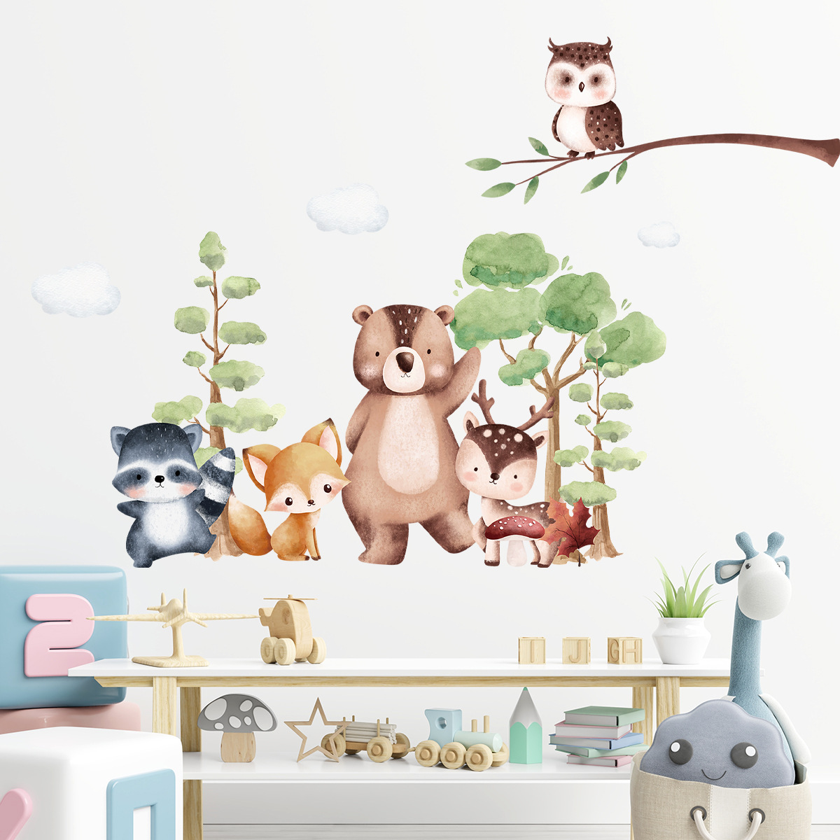 可爱森林小动物自粘墙贴猫头鹰浣熊梅花鹿儿童房装饰贴纸br0246f