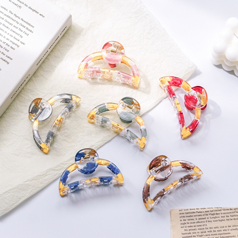 柏菲雅饰品韩版半圆发夹复古彩绘金漆发抓百搭优雅发饰女 抓夹