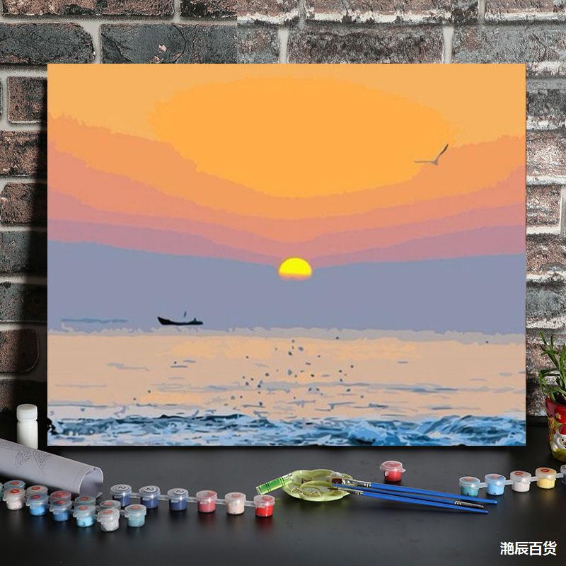 diy数字油画海边日出填色客厅玄关装饰油彩风景画 可照片