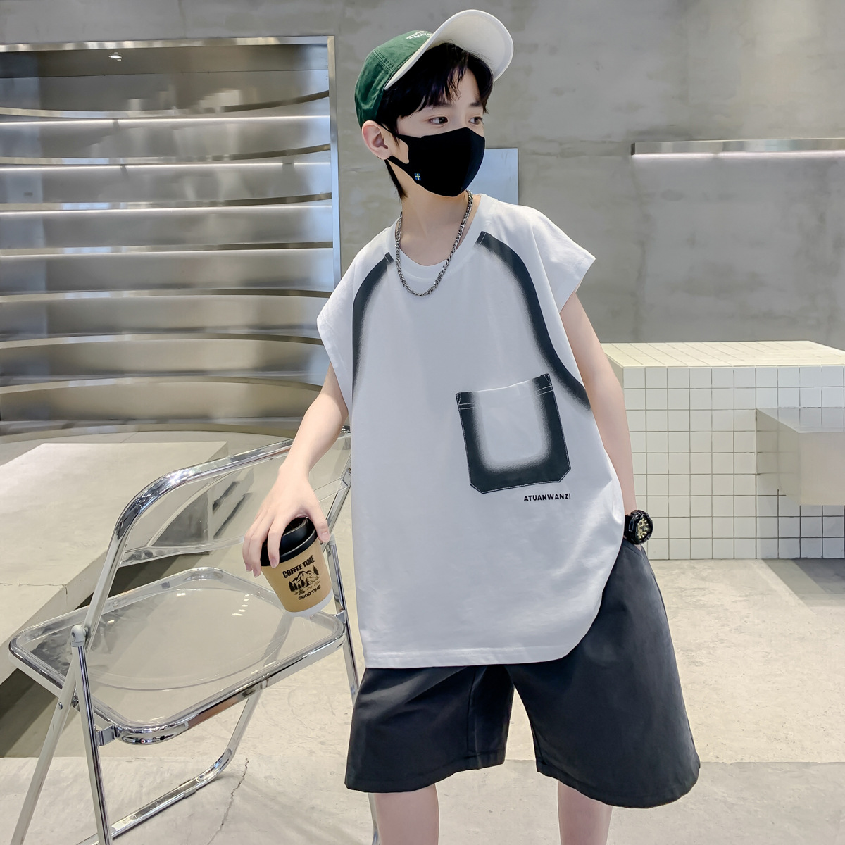 男童夏季背心坎肩套装无袖短袖大童2024新款儿童装男孩12岁潮酷帅