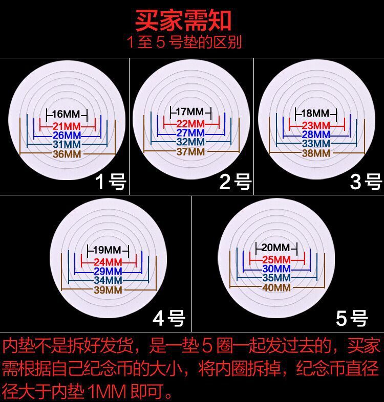 40mm(选择调节内垫方法,要比硬币的实际直径小一个型号)4号:19mm 24mm