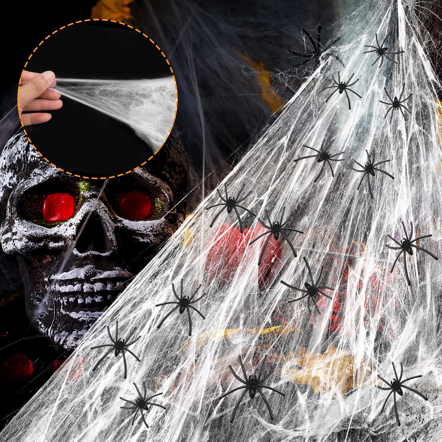 万圣节道具鬼节鬼屋场景布置装饰蜘蛛丝蜘蛛棉黑白绿桔紫色蜘蛛网