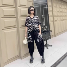 新款大码女装 高档时尚拼接印花两件套 宽松大版气质女套装