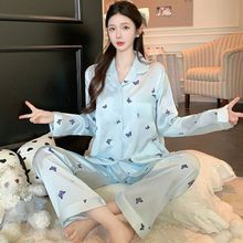 源头工厂网红款高级感蝴蝶印花长袖家居服仿真丝冰丝套装白蝴蝶蓝
