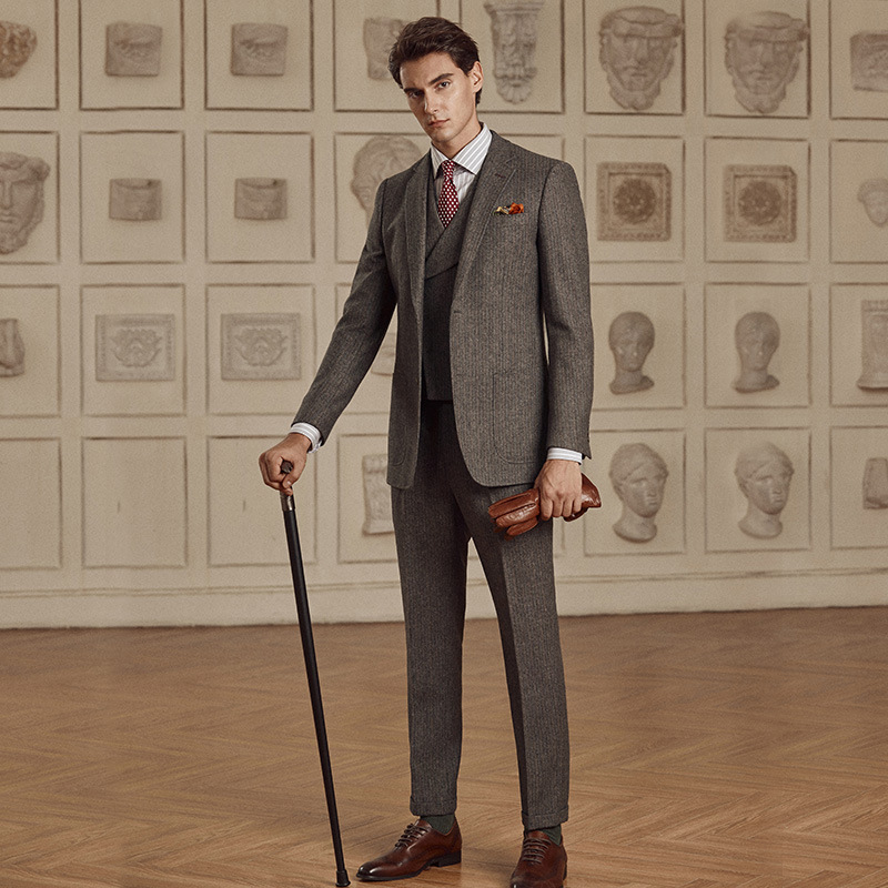 西装男套装棕色羊毛意式复古英伦风正装新郎结婚礼服英式男士西服