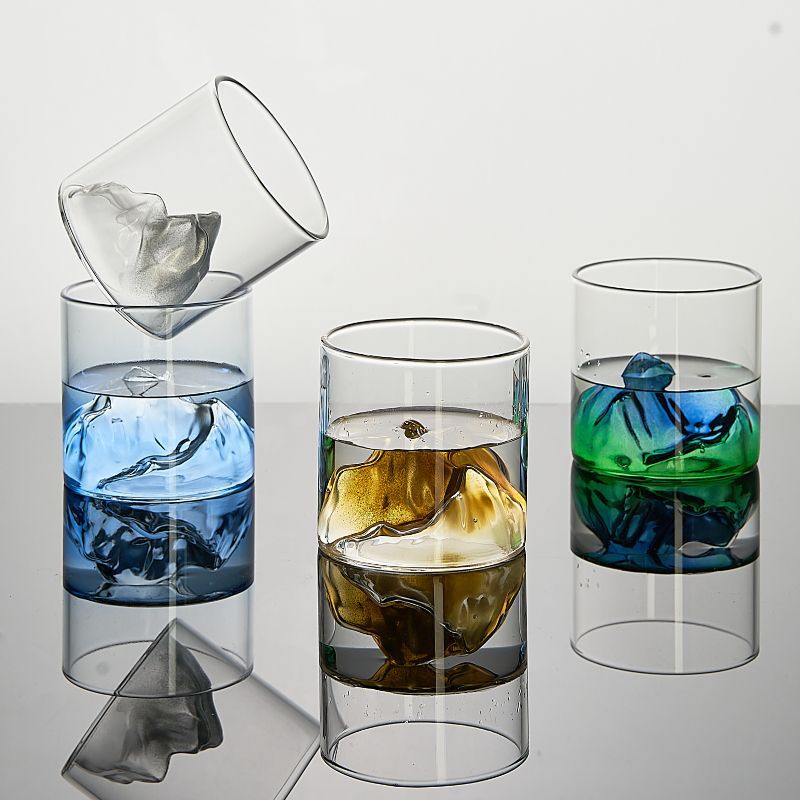 国潮观山彩色玻璃杯复古日式水杯创意富士山茶杯威士忌杯家用