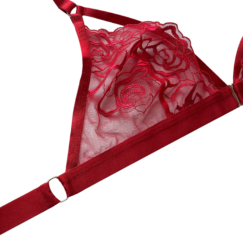 Sexy See-through Sexy Lingerie Women's Triangle Circumference T-Back Collar Birth Year Red Rose Embroidered Bra 72109