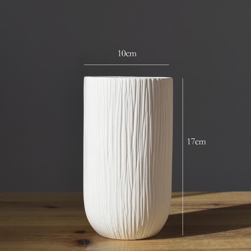 外贸陶瓷素烧花瓶条纹白色组合套装圆形方形大口花瓶亚马逊代发