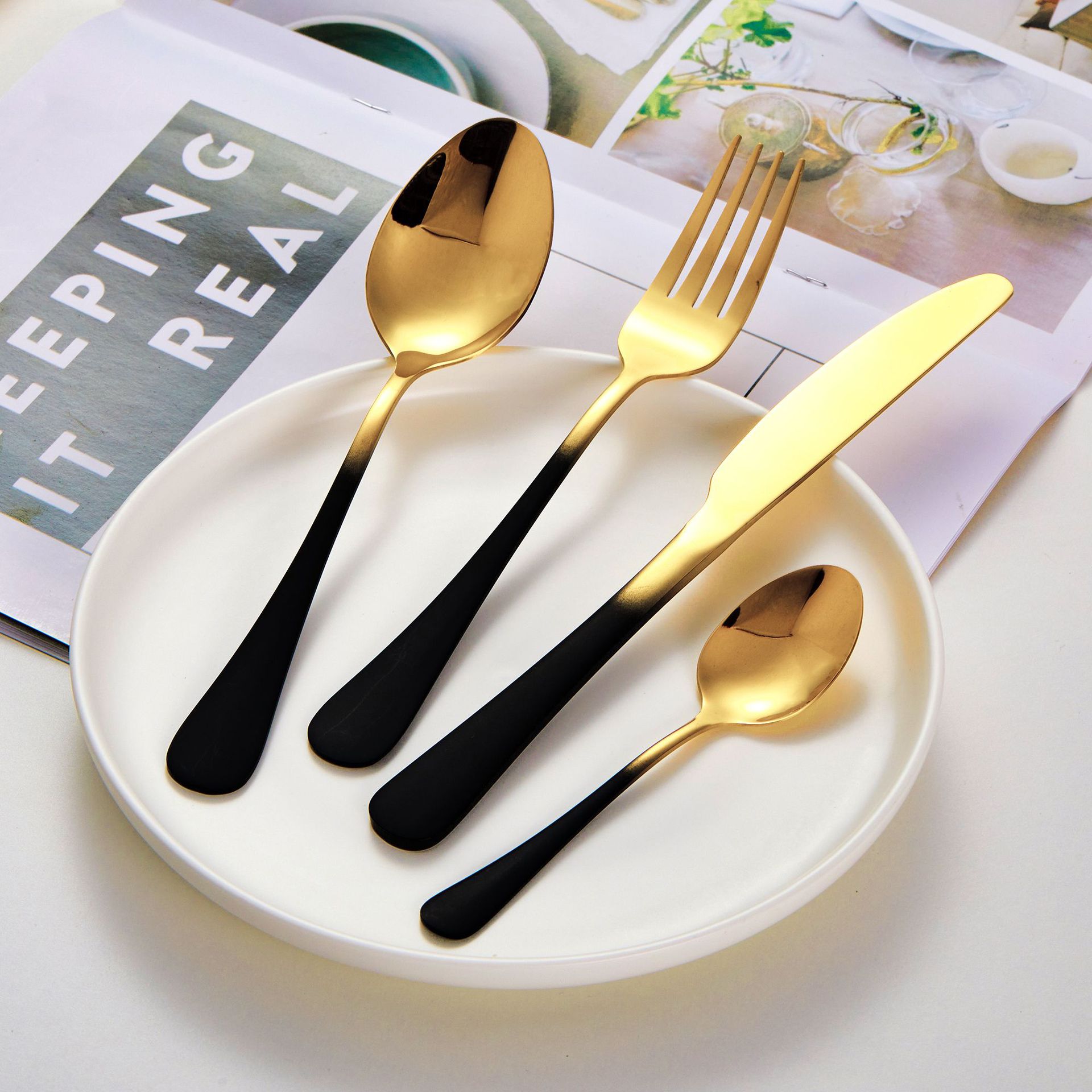 跨境1010不锈钢餐具酒店西餐牛排刀叉渐变金色刀叉勺餐具4件套