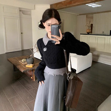 领针休闲织衫女装秋季2025新款学院风假两件修身显瘦破洞长袖毛衣