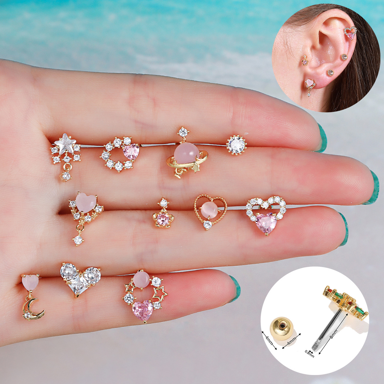 Cross-Border Personality Sweet Love Heart Ear Bone Nail Pink Peach Heart Star Moon Small Earrings Y2g Piercing Twist Ball Stud Earrings