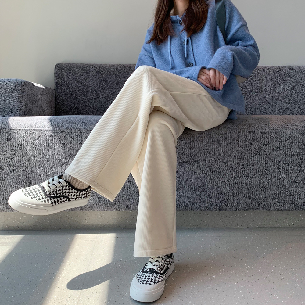 百搭灯芯绒阔腿裤女秋冬米色高腰直筒垂感条绒加绒加厚宽松拖地裤