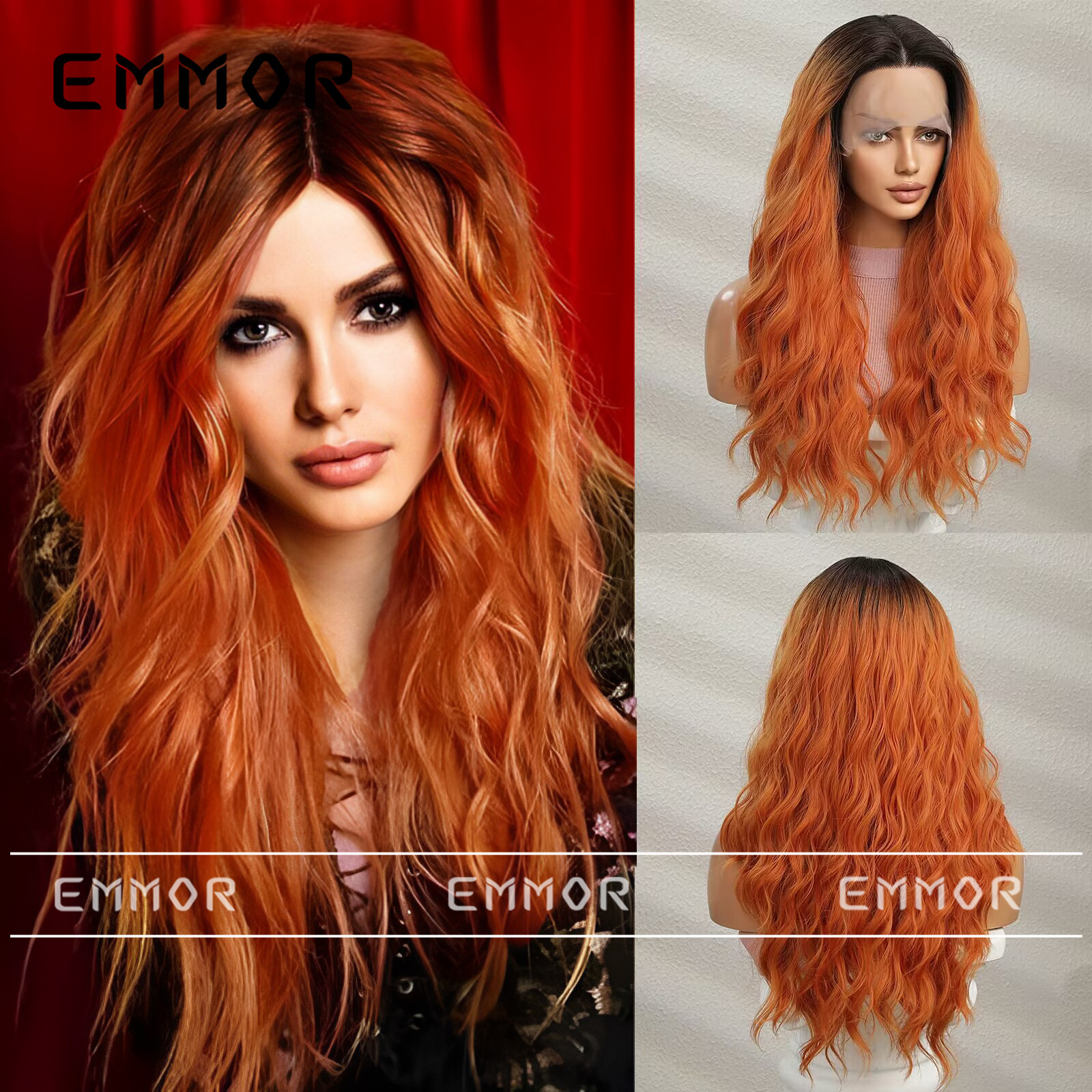 emmor跨境外贸新品假发小t前额蕾丝中分黑色渐变橘长卷发假发套女