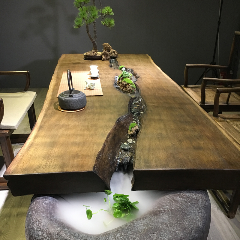 流水茶台景观循环大板流水茶台循环养鱼组合泡茶桌微景观茶室茶楼