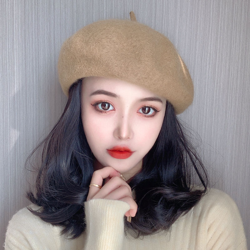 贝雷帽子女网红帽子假发一体短卷锁骨发短发韩版潮秋冬时尚百搭