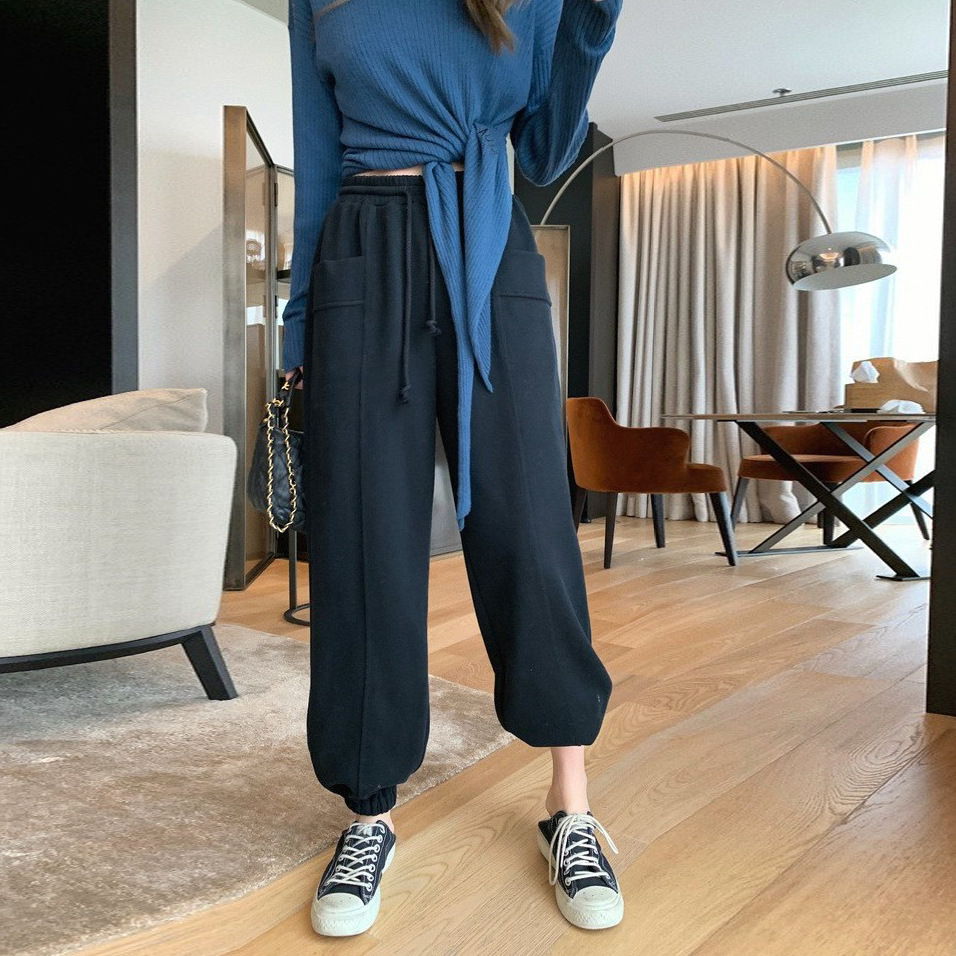 春秋宽松兜兜裤 秋款四色高腰显瘦休闲束脚裤 长裤子 女