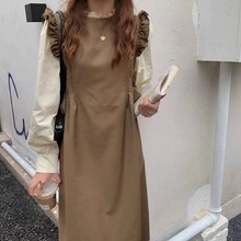 韩版气质棕色假两件连衣裙女2024春秋设计感长袖中长款裙子女