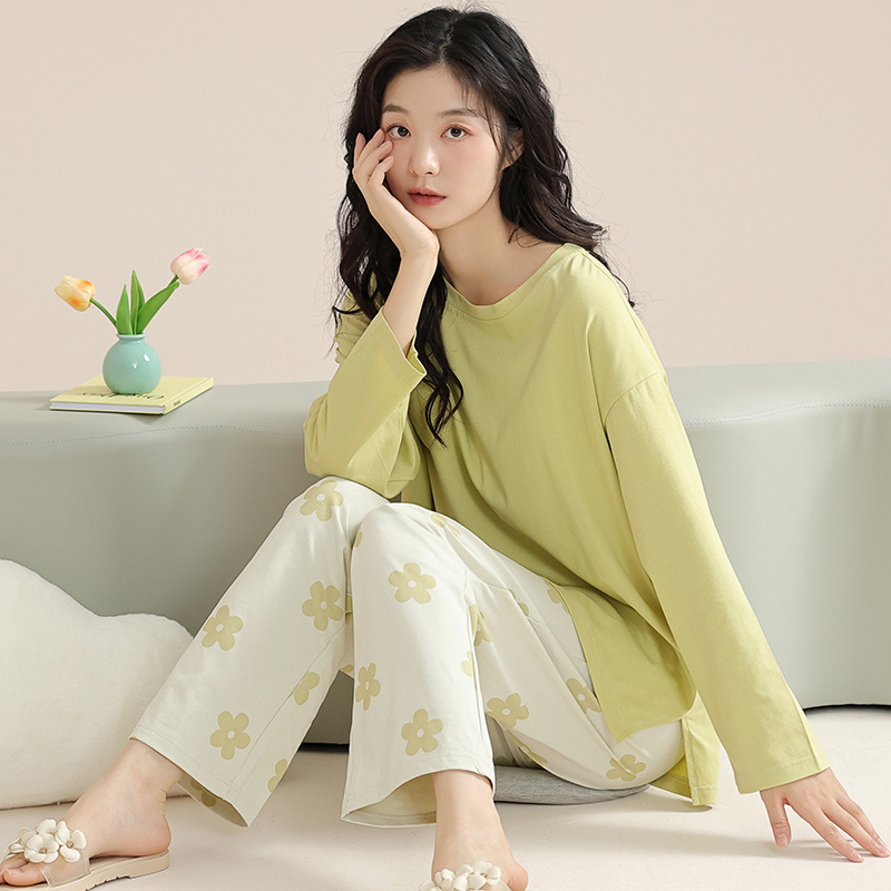 Women's Pajamas with Chest Pad Spring and Autumn Pure Cotton Long Sleeve 2024 New Popular Popular Spring and Summer Outdoor Home Wear