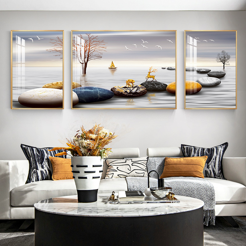 客厅沙发背景墙挂画石来运转轻奢装饰画现代简约晶瓷山水三联壁画