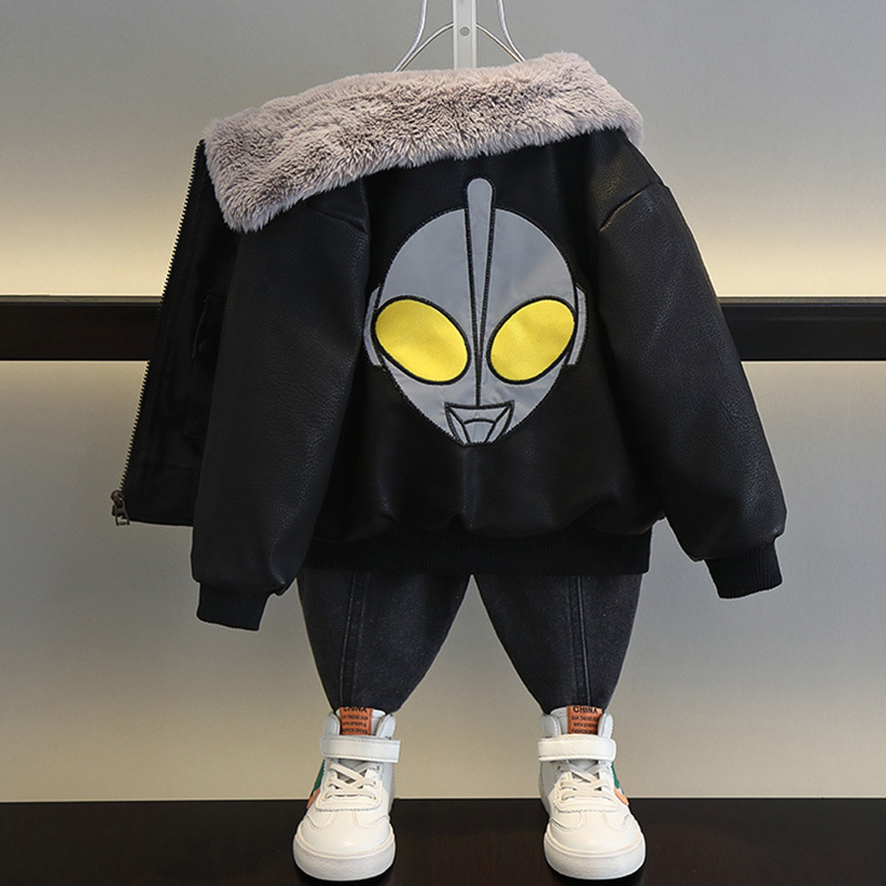 奥特曼衣服男童秋冬装加绒皮衣外套22新款帅气男孩儿童加厚皮夹克