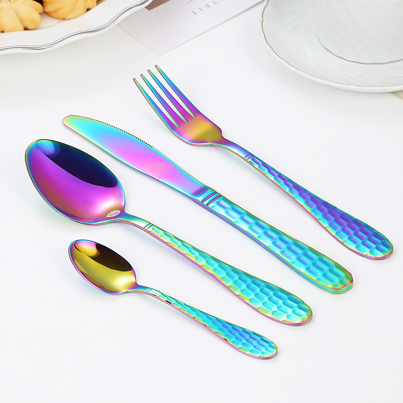 Water Cube Knife, Fork and Spoon Four-Piece Set Foreign Trade Hot Selling Stainless Steel Western Food Knife, Fork and Spoon Titanium Plated Magic Color Creative Knife, Fork and Spoon