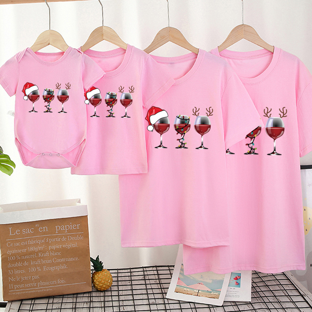 圣诞节卡通酒杯图案印花亲子装T恤时尚休闲短袖欧美跨境