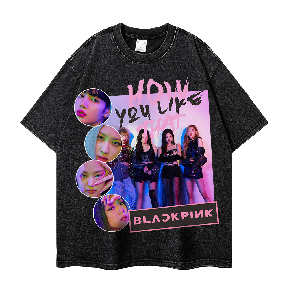 blackpinkt恤粉墨欧美高街潮牌短袖上衣重磅做旧韩女团应援t恤