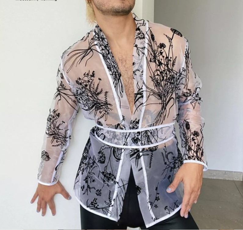 2021欧美男装蕾丝露乳网纱现货情趣角色扮演cos男士内衣居家服