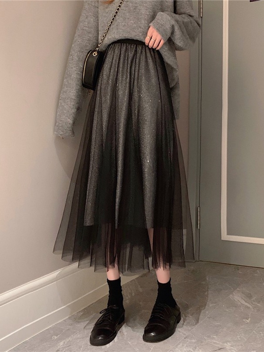 纱裙女半身裙2021秋冬新款中长款网纱a字裙高腰闪亮百褶仙女沙裙
