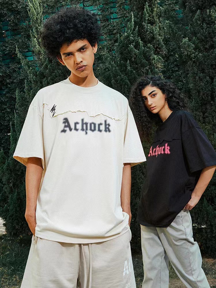 a chock国潮美式复古解构拼接网点印花刺绣t恤男高街简约休闲短袖