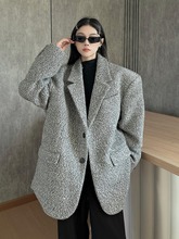 美式复古毛呢外套女冬季设计感新款仿羊毛加厚保暖廓形西服夹克潮