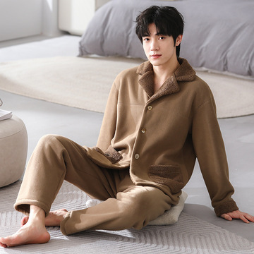 批发秋冬季复合绒男士睡衣2023年新款加厚加绒珊瑚绒家居服可外穿