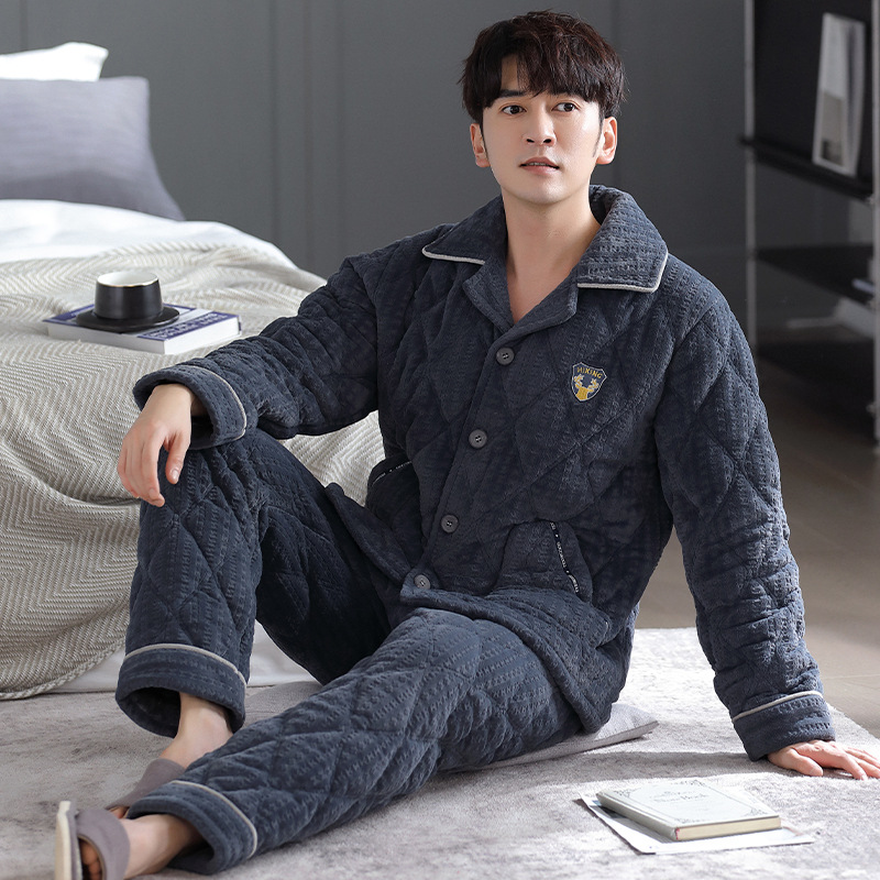 pajamas men‘s winter three-layer thickened cotton padded jacket winter warm large size loose young and middle-aged home wear suit