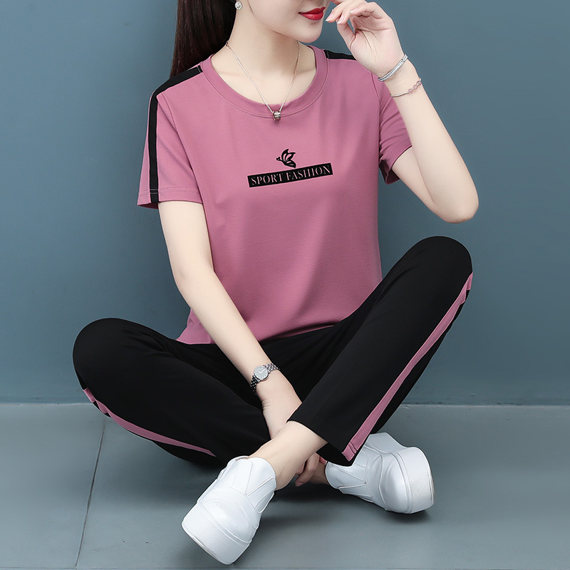 运动服套装女夏季新款宽松休闲时尚冰丝针织洋气妈妈装两件套休闲运动