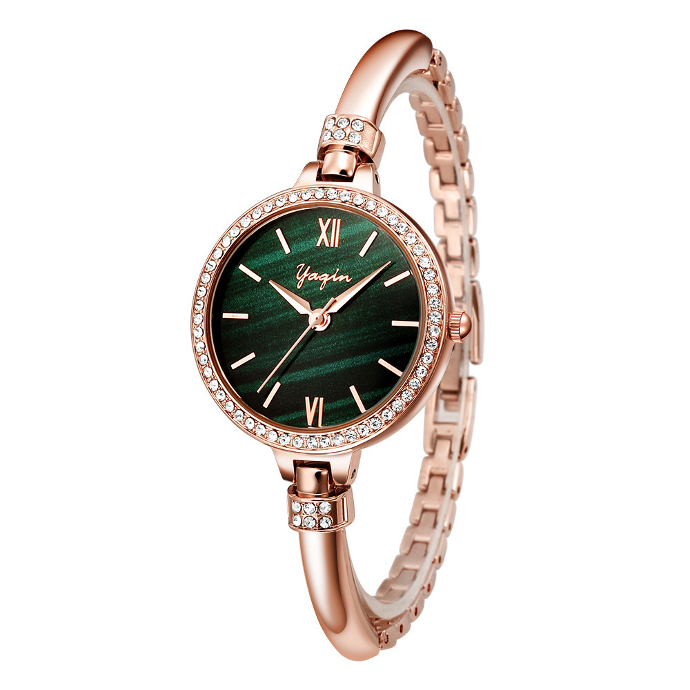 yaqin雅琴时装小绿表时尚孔雀绿镶钻防水石英手表7319