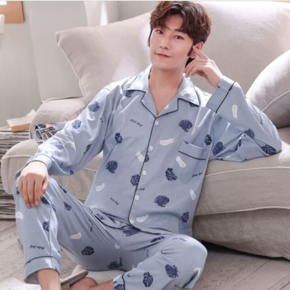 Men's Pajamas Long Sleeve Spring and Autumn Pajamas Men's Spring and Summer Thin Home Wear Youth Middle-Aged Pajamas a Set of Men's Solid Color Cotton