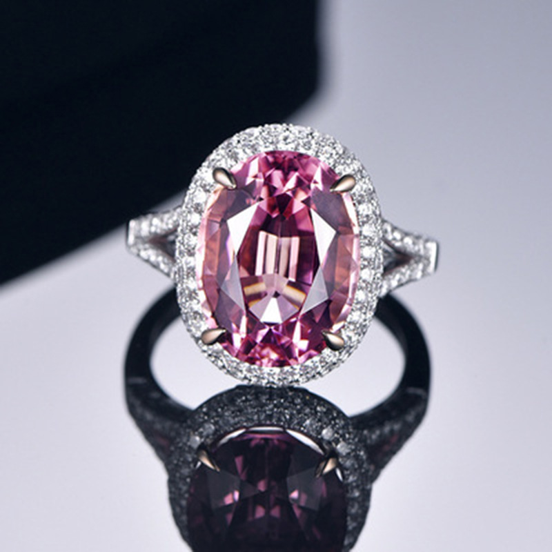 新款高端大椭圆群镶高碳钻仿真粉红碧玺彩宝石开口戒指女活口指环