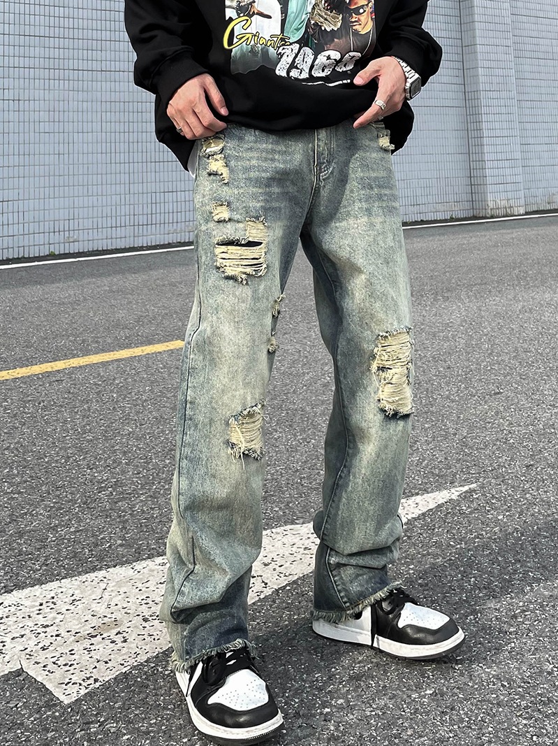 美式高街水洗做旧割破洞牛仔裤男ins潮牌欧美hiphop宽松直筒长裤
